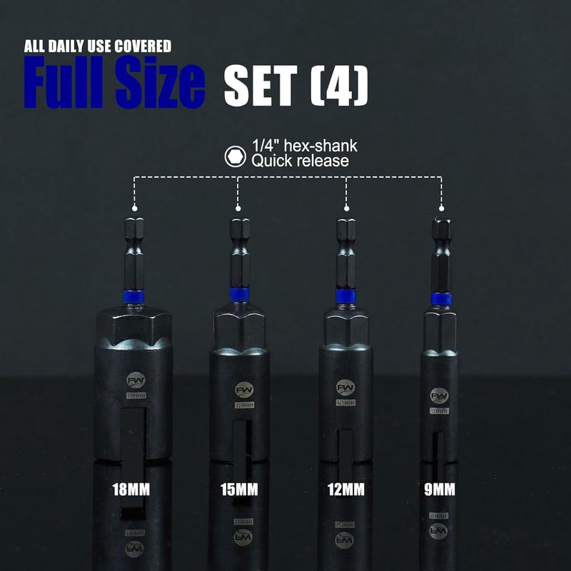 Facoow Wing Nut Driver Set -4 Pcs Power Wing Nut Socket Bit for Wing Nut, Eye Bolt, Screw Hook, Wire Twisting, Durable CR-V Steel, Color-coded 9mm, 12mm, 15mm, 18mm Sizes for Easy Selection - Image 2